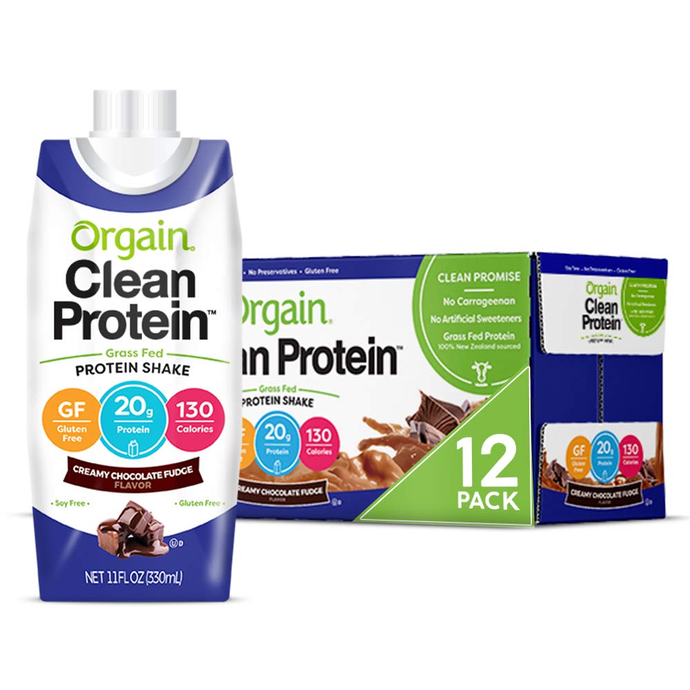 Orgain Grass Fed Clean Protein Shake, Creamy Chocolate Fudge - Meal Replacement, Ready to Drink, Gluten Free, Soy Free, Kosher, Non-GMO, 11 oz, 12 Count (Packaging May Vary)