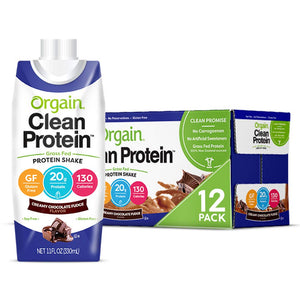 Orgain Grass Fed Clean Protein Shake, Creamy Chocolate Fudge - Meal Replacement, Ready to Drink, Gluten Free, Soy Free, Kosher, Non-GMO, 11 oz, 12 Count (Packaging May Vary)
